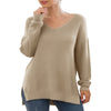 JWD Women'S V-Neck Long Sleeve Side Split Loose Casual Knit Pullover Sweater Blouse Khaki-Large