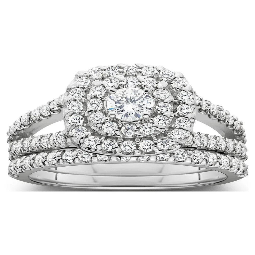 Pompeii3 Women'S 1 1/10Ct Cushion Halo Solitaire Diamond Engagement Wedding White Gold Ring Set