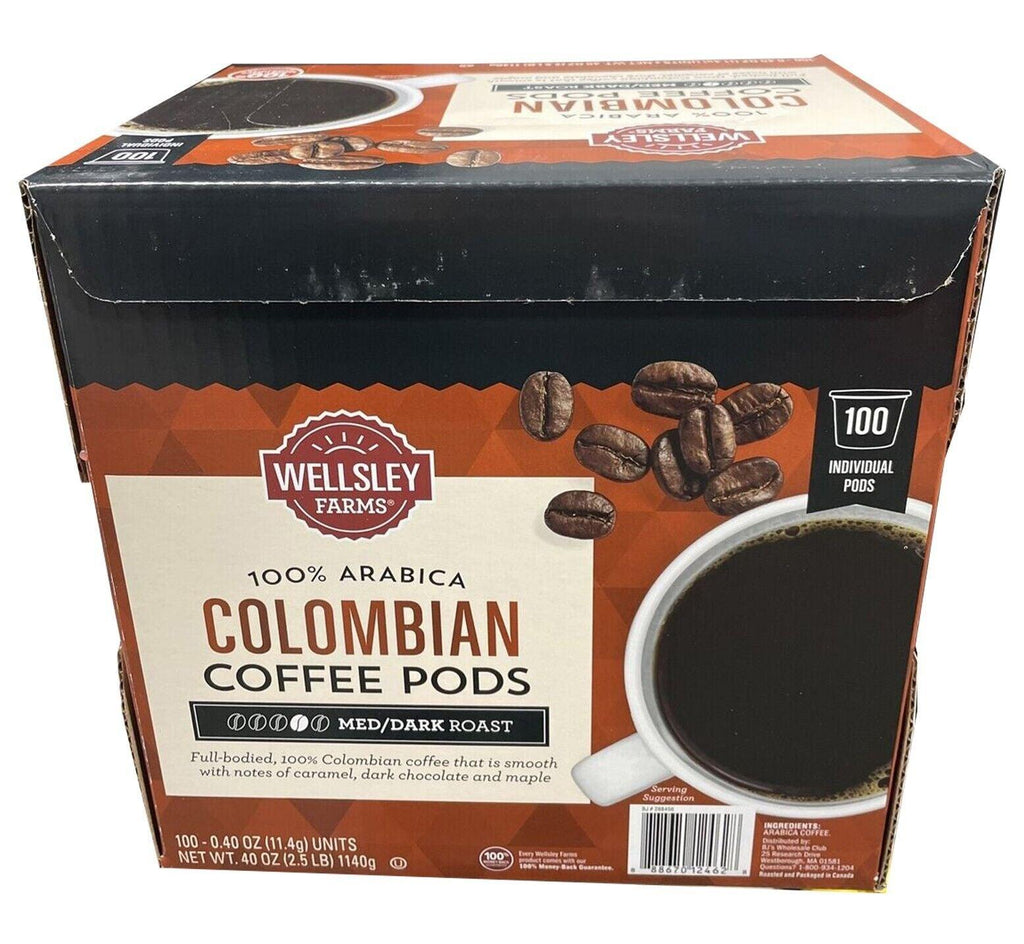 Wellsley Farms Colombian Coffe Pods 100% Arabia Medium/ Dark Roast 100Ct