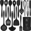 Black Silicone Cooking Utensils Set - 446°F Heat Resistant Kitchen Utensils,Turner Tongs,Spatula,Spoon,Brush,Whisk,Kitchen Utensil Gadgets Tools Set for Nonstick Cookware,Dishwasher Safe (BPA Free)