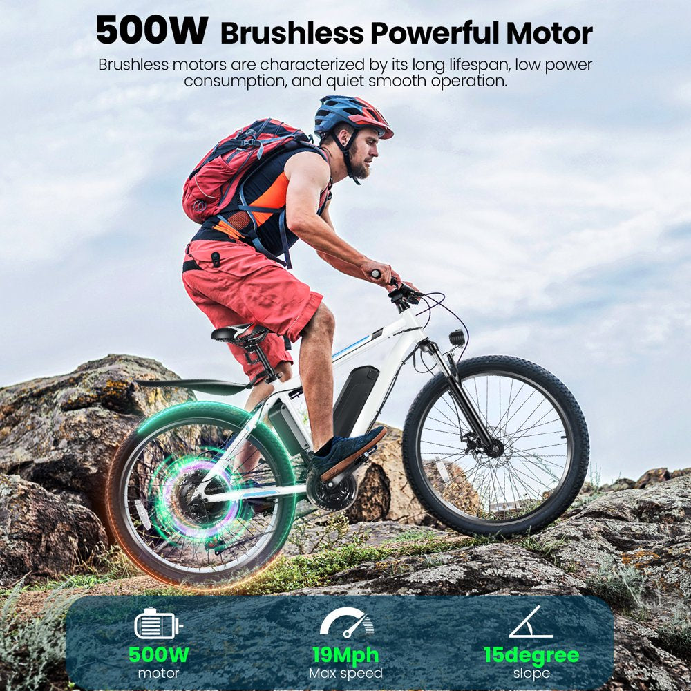 Gocio 500W Electric Bike 26" Electric Bicycle for Adults with Cruise Control System Ebike, Mountain Bike with Removable 375Wh Lithium-Ion Battery 50 Miles, 21 Speed Commuter Bike for Man Woman