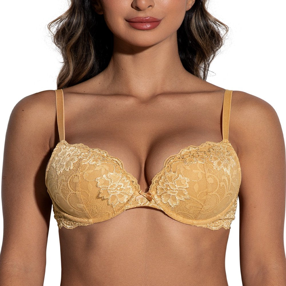 Deyllo Women'S Sexy Lace Push up Padded Plunge Add Cups Underwire Lift up Bra, Gold 36DD