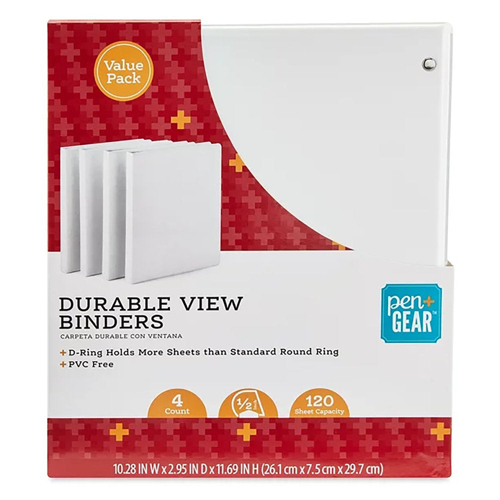 Pen+Gear 3-Ring Durable View Binders, 1/2" Slant D-Ring, White, 4 Pack