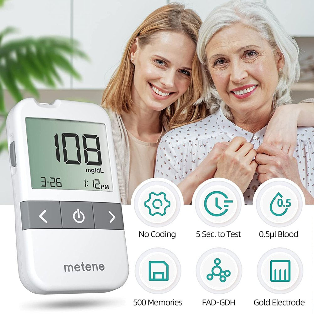 Metene AGM-513S Blood Glucose Monitor Kit, 100 Glucometer Strips, 100 Lancets, 1 Blood Sugar Monitor, 1 Control Solution, Lancing Device and Carrying Bag, No Coding