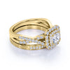 Square Diamond - Double Halo - Twisted Band - Vintage Inspired - Pave - Wedding Ring Set in 10K Yellow Gold