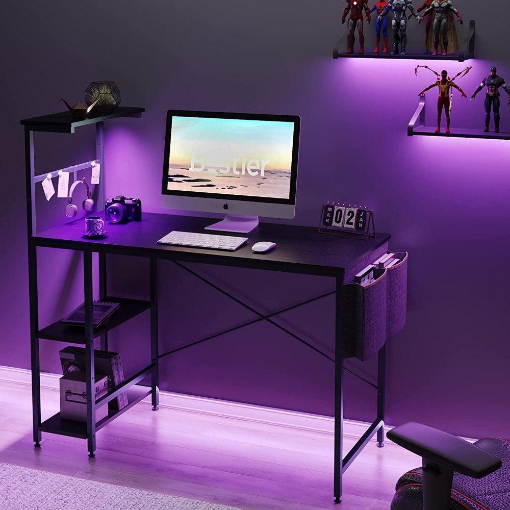 Bestier Reversible 44 Inch Computer Desk with LED Lights Gaming Desk with 4 Tier Shelves Black