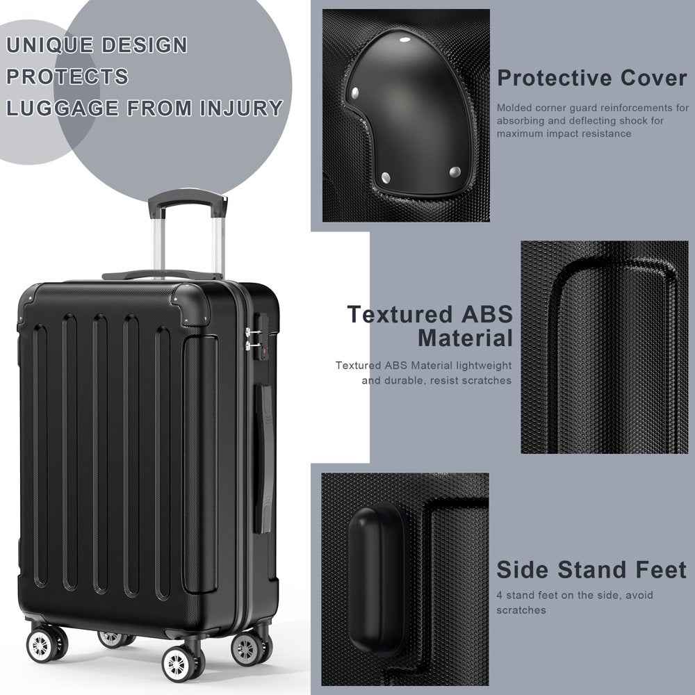 Sunbee 3 Piece Luggage Sets Hardshell Lightweight Suitcase with TSA Lock Spinner Wheels, Black