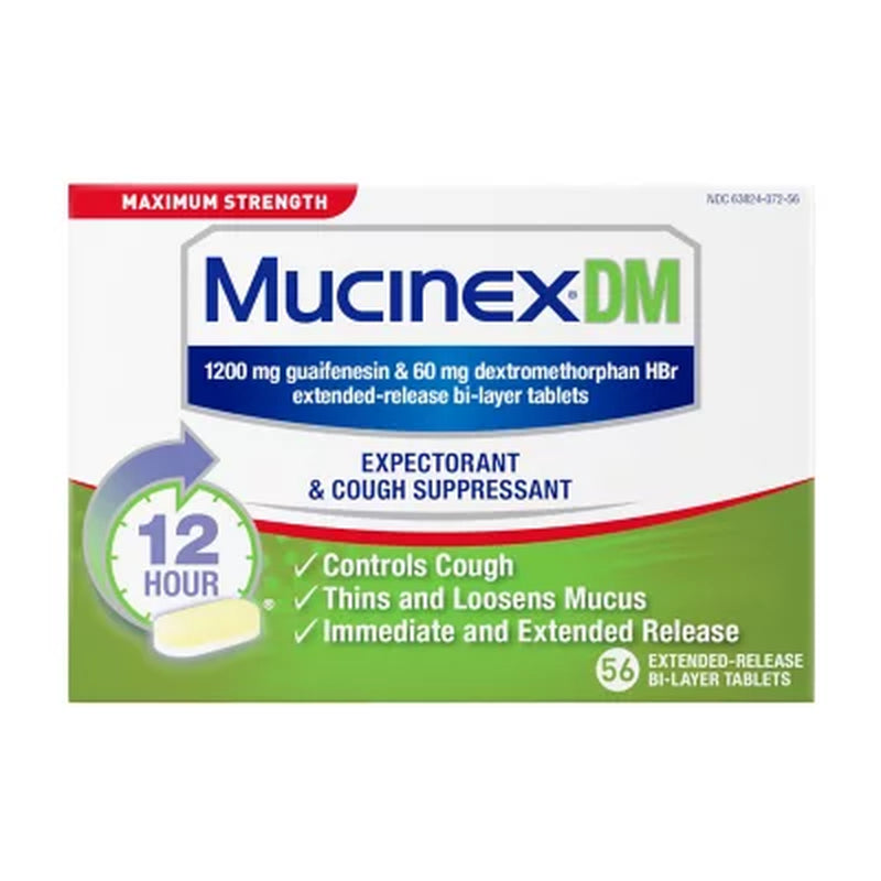 Mucinex DM 12-Hour 1200 Mg Maximum Strength Mucus Relief, Expectorant & Cough Suppressant Tablets (56 Ct.)