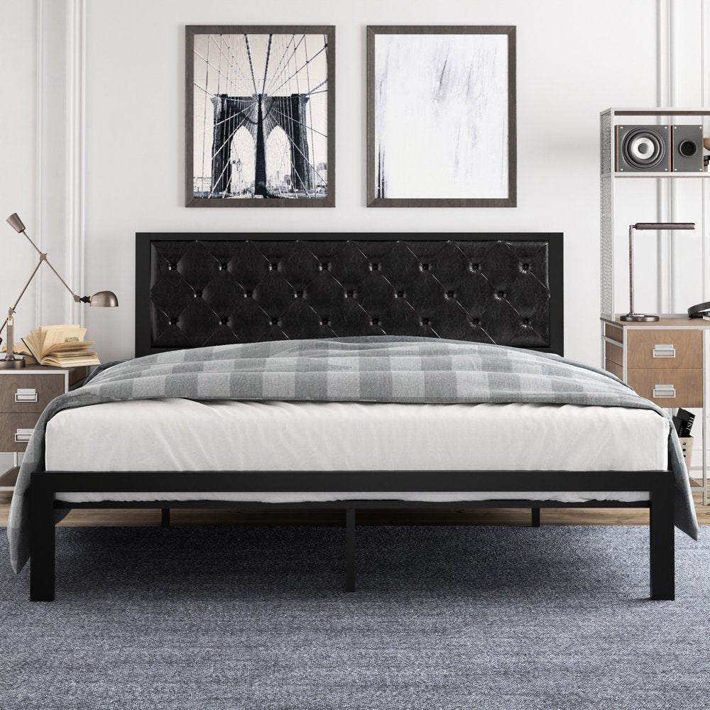 Amolife King Size Metal Bed Frame with Faux Leather Upholstered Headboard, Black