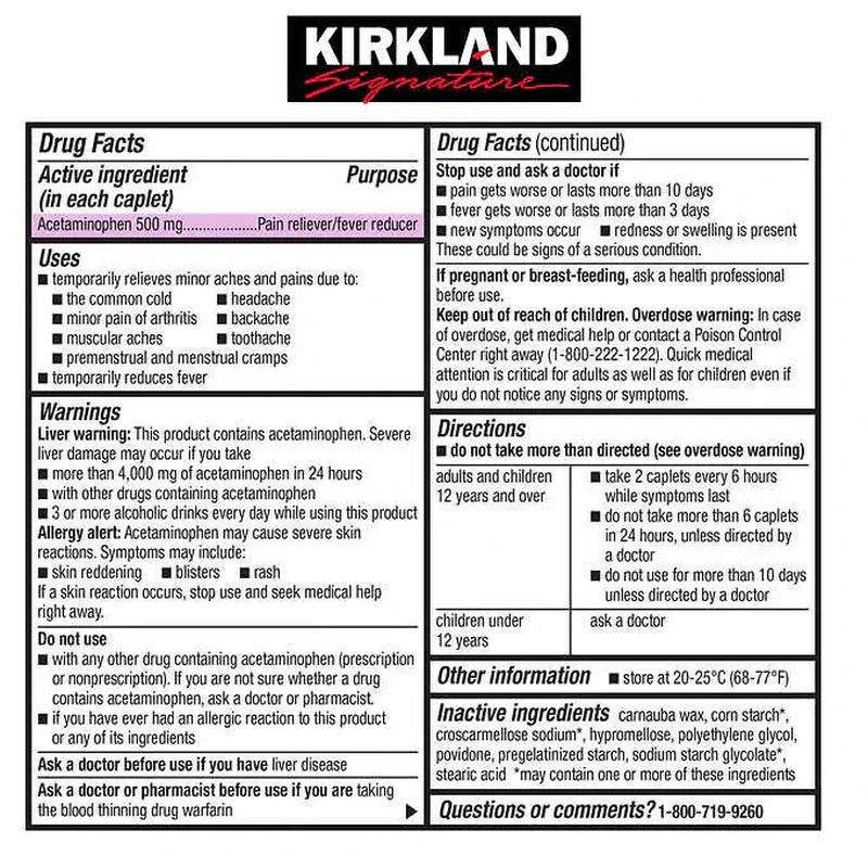 Kirkland Signature Extra Strength Acetaminophen 500 Mg, 1,000 Caplets