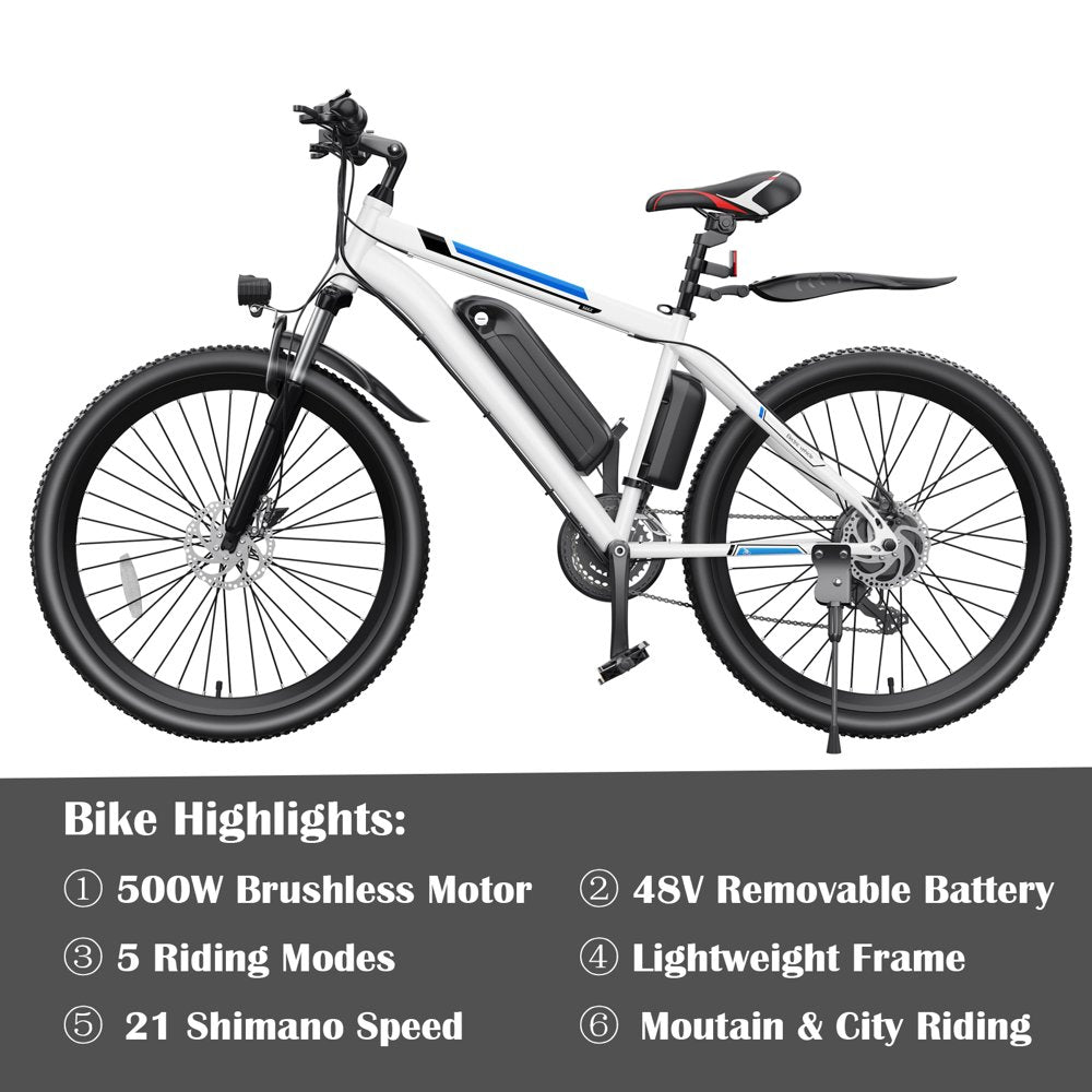 Gocio 500W Electric Bike 26" Electric Bicycle for Adults with Cruise Control System Ebike, Mountain Bike with Removable 375Wh Lithium-Ion Battery 50 Miles, 21 Speed Commuter Bike for Man Woman