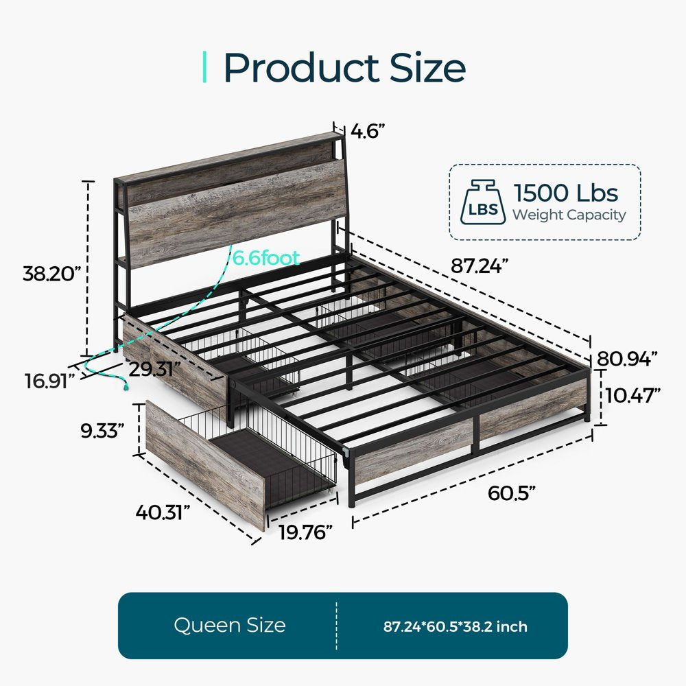 LINSY LIVING Queen Size Platform Bed Frame with Ergonomic Headboard and 4 Drawers, Storage Bed with Lights, Outlets & USB, Light Grey