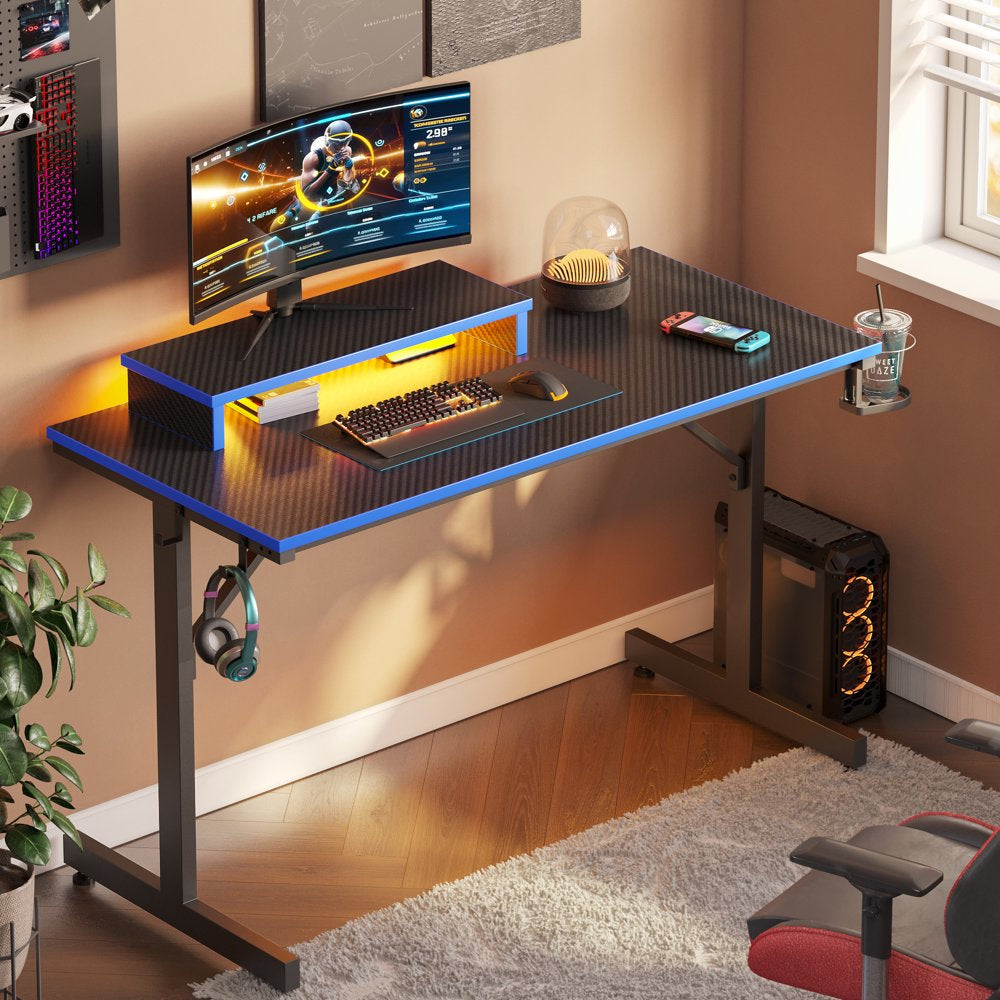 Bestier 42" Gaming Desk PC Computer Table with LED Lights & Monitor Stand & Hook & Cup Holder in Blue