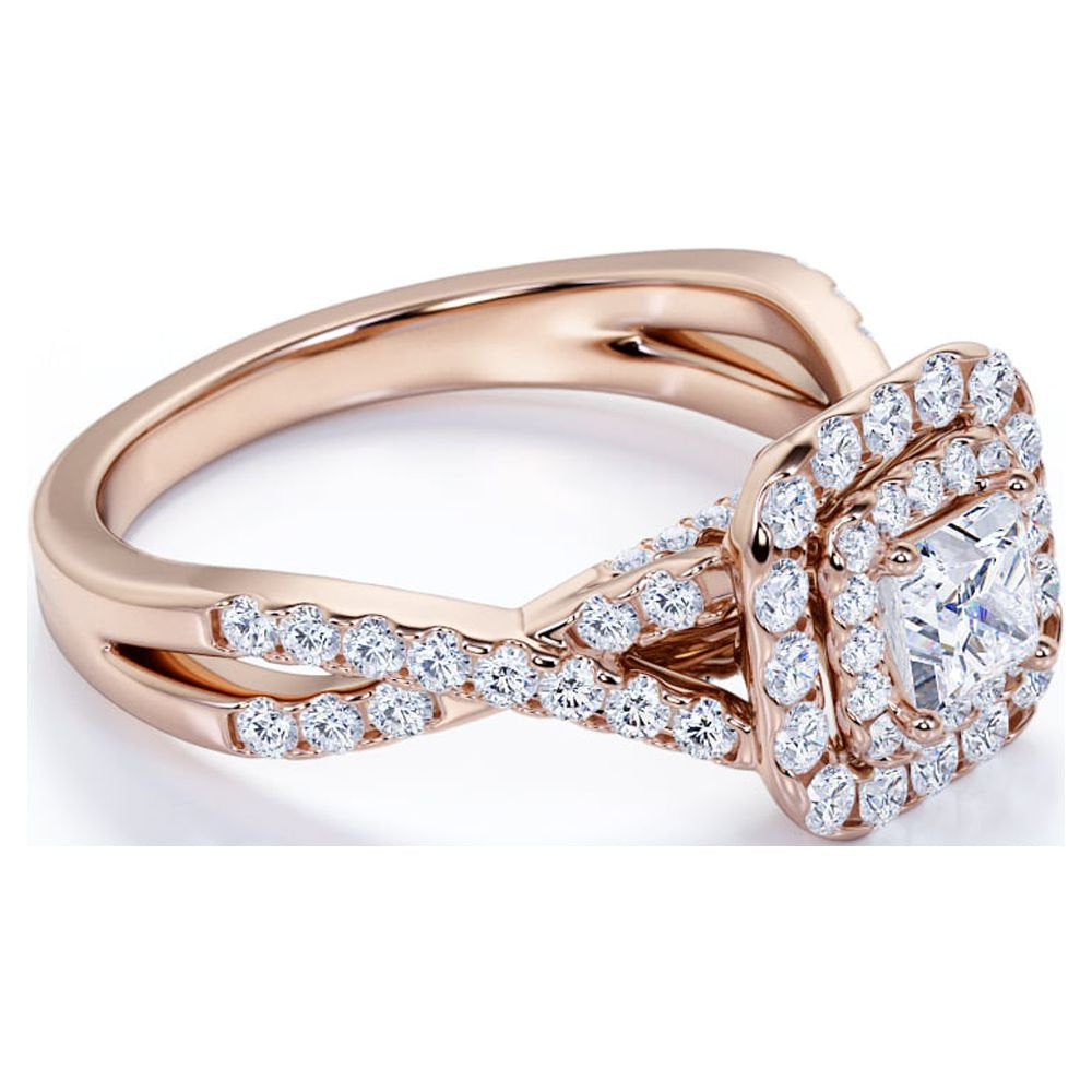 Elegant 1 Carat - Square Cut Diamond - Twisted Band - Pave - Double Halo Engagement Ring - 10K Rose Gold