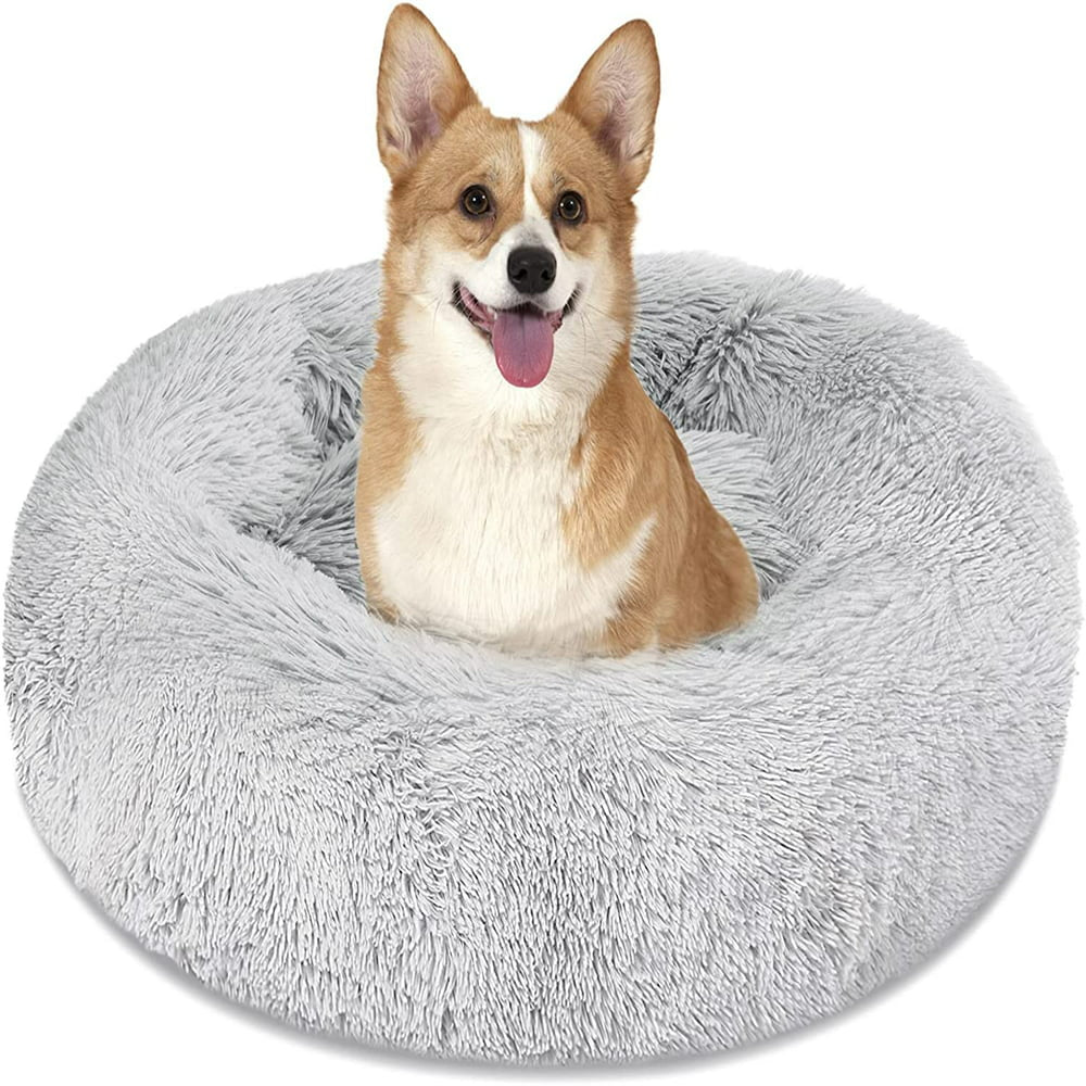 Nisrada Calming Donut Pet Bed for Dogs & Cats, 24 Inch Dog Bed for Small Melium Large Dogs, Washable-Round Pet Bed for Puppy and Kitten with Slip-Resistant Bottom (24 Inch, Light Gray)