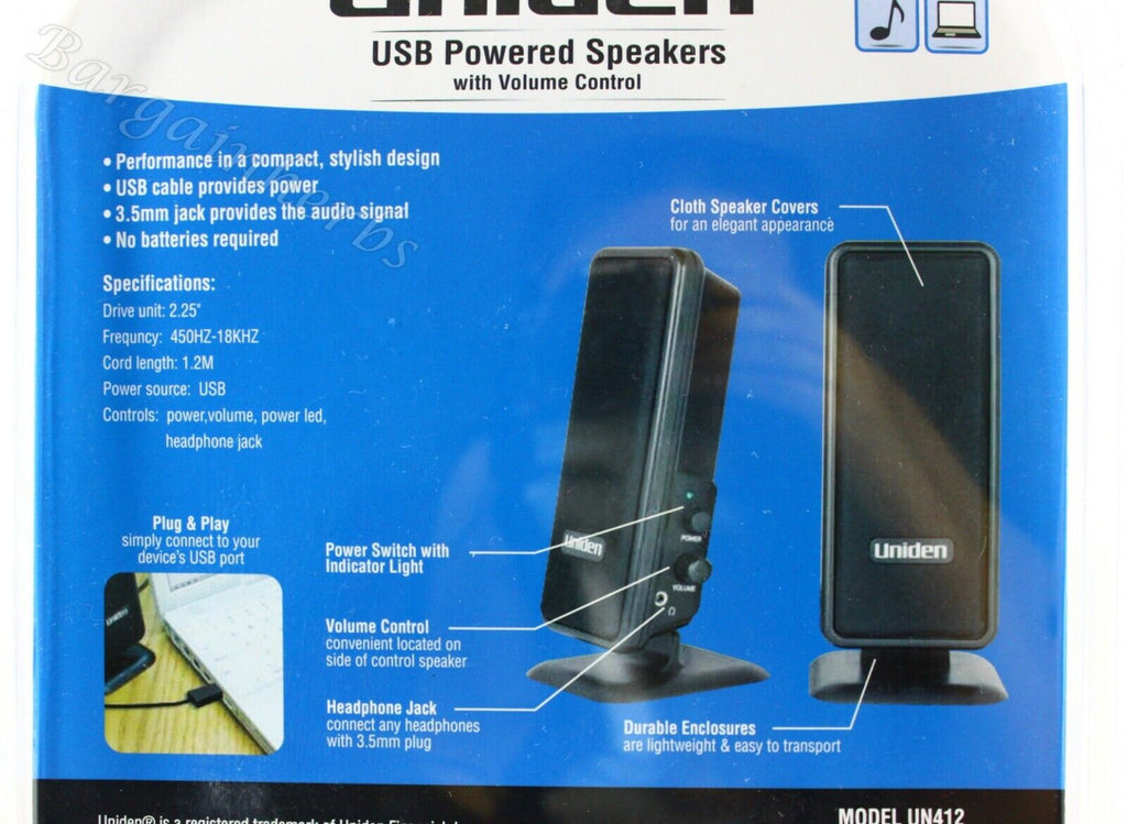 New UNIDEN Portable USB Speakers with Volume Control Plug & Play Free Shipping