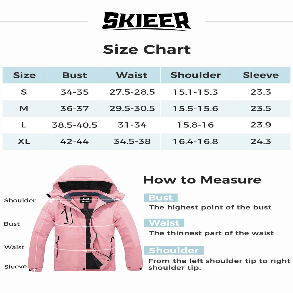 Skieer Women'S Waterproof Ski Jacket Windproof Rain Jacket Winter Warm Hooded Coat Pink X-Large