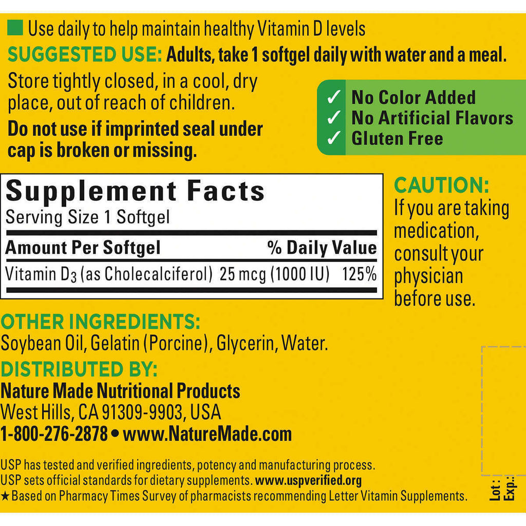 Nature Made Vitamin D3 25 Mcg. 1000 IU 650 Softgels Exp. 08/2025