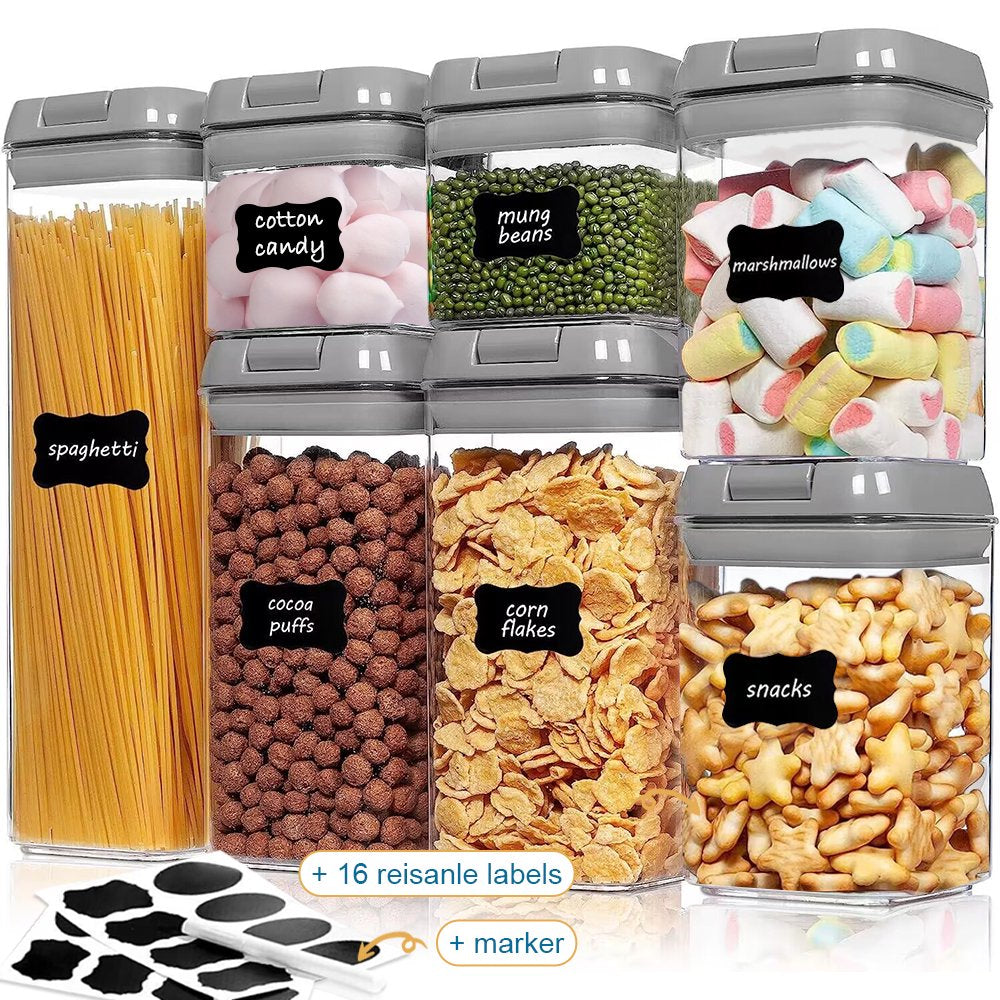 Airtight Food Storage Containers, 7 Pieces BPA Free Plastic Cereal Containers with Easy Lock Lids, for Kitchen Pantry Organization and Storage, Gray