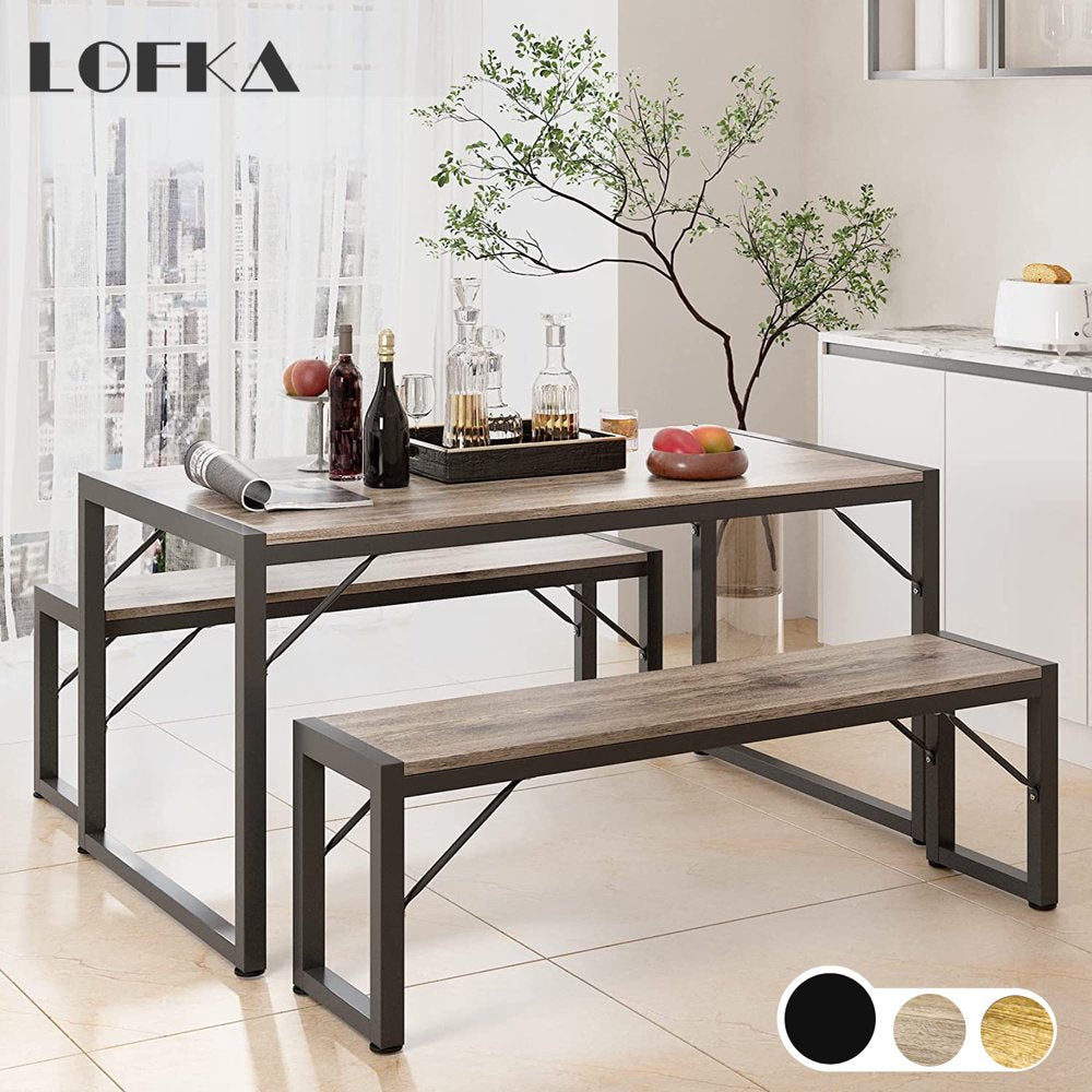 Lofka 45" Kitchen Table Set for 4 with 2 Benches, Space-Saving Dinette Set, 550Lbs, Gray