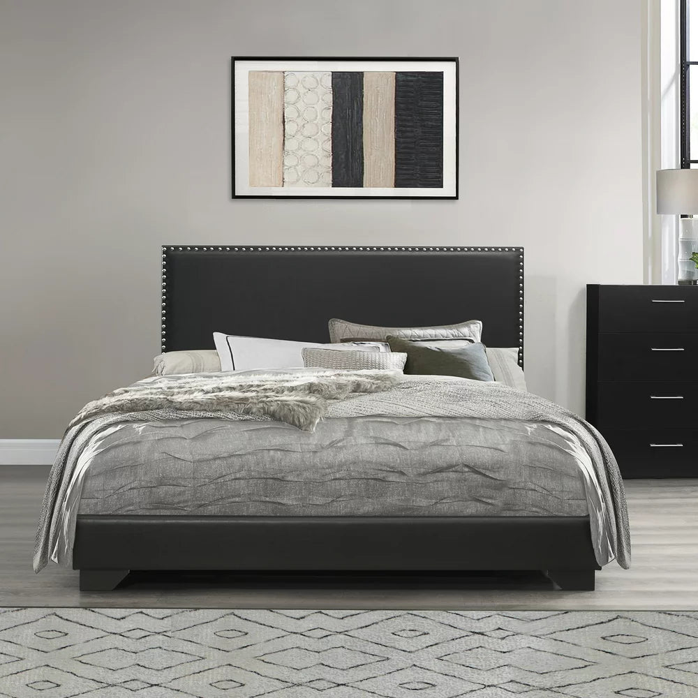 Willow Nailhead Trim Upholstered Full Bed, Black Faux Leather