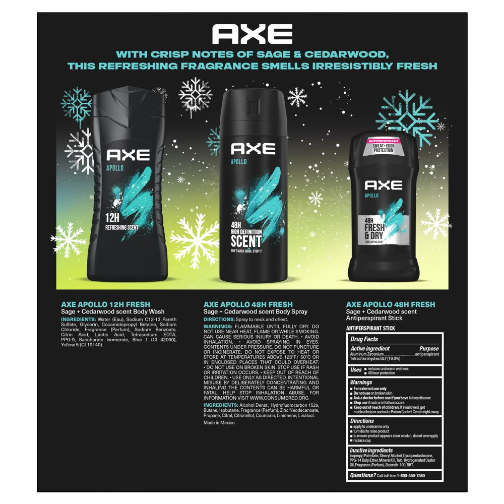 AXE Apollo Holiday Gift Pack for Men Includes Sage & Cedarwood Body Spray, Antiperspirant Deodorant Stick & Body Wash, 3 Count