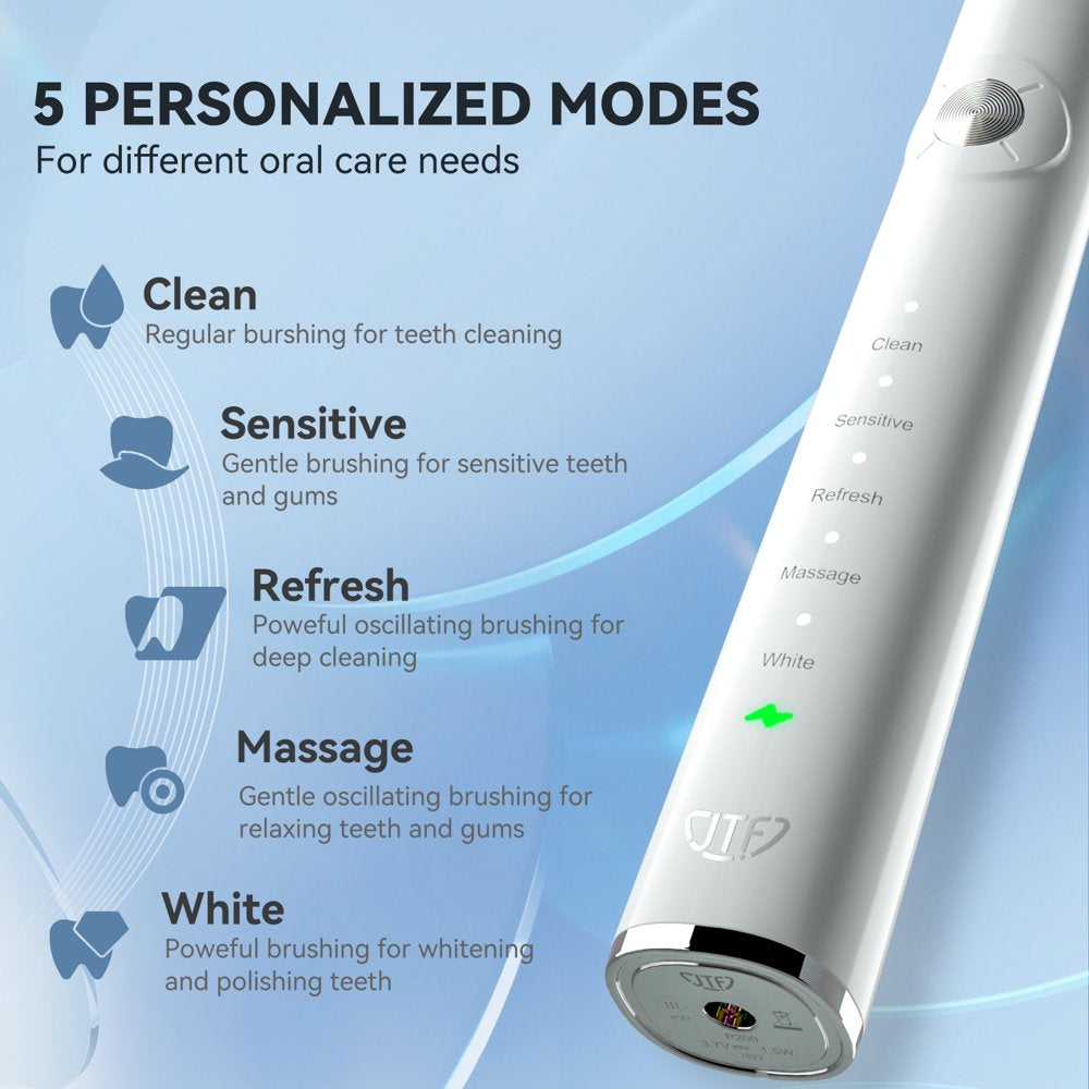 JTF Sonic Rechargeable Electric Toothbrush for Adults, Power Toothbrush with Smart Timer & 5 Modes, White