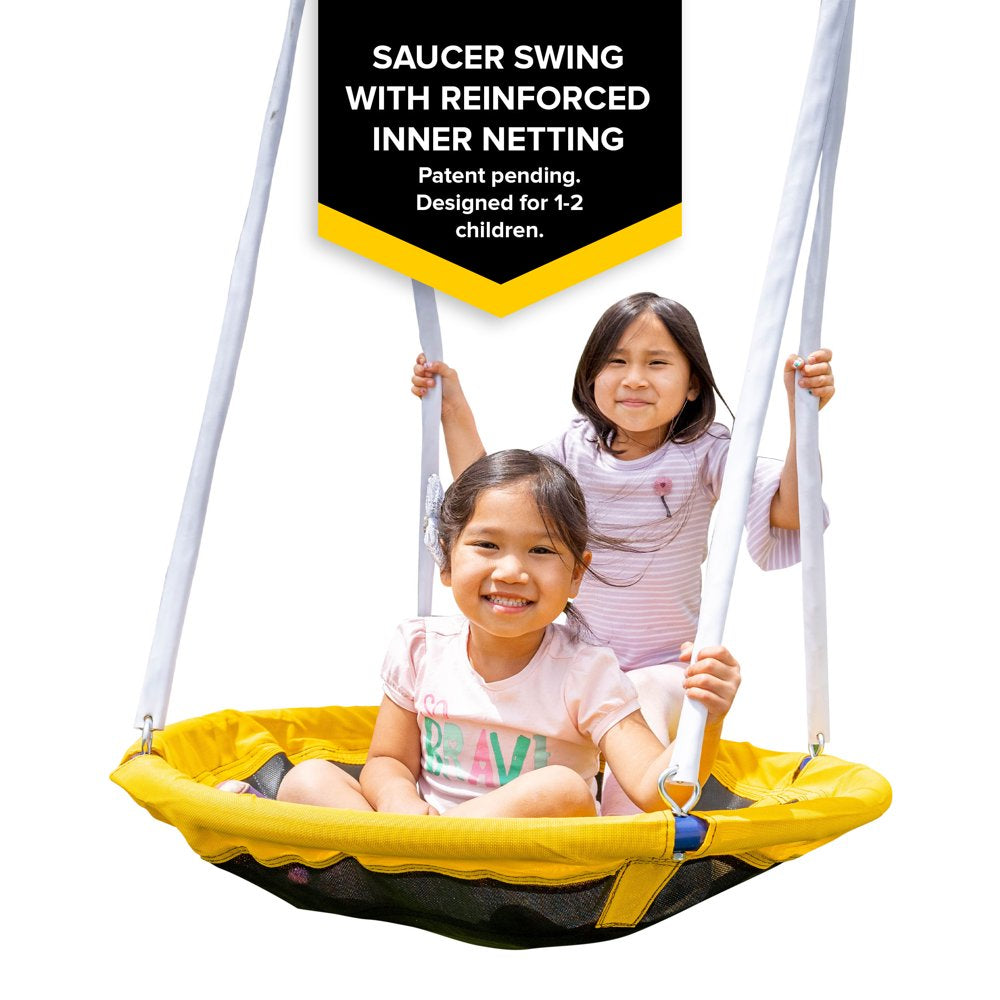 Sportspower Super Flyer Swing Set with 2 Flying Buddies, Saucer Swing, 2 Swings, and Lifetime Warranty on Blow Molded Slide