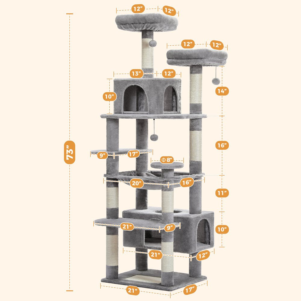 PAWZ Road 73" Cat Tree for Large Cats Multi Level Tall Cat Tower Condo with 7 Scratching Posts, Gray