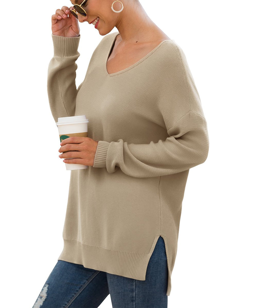 JWD Women'S V-Neck Long Sleeve Side Split Loose Casual Knit Pullover Sweater Blouse Khaki-Large