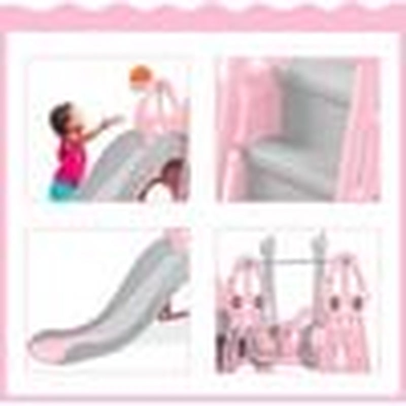 Ealing 4 in 1 Kids Climber Slide ＆Swing Set for Toddlers Age 1-5 Indoor Outdoor, Playsets Playground Sets with Extra Long Slide & Basketball Hoop, Easy Setup Backyard Kids Activity Center(Pink)