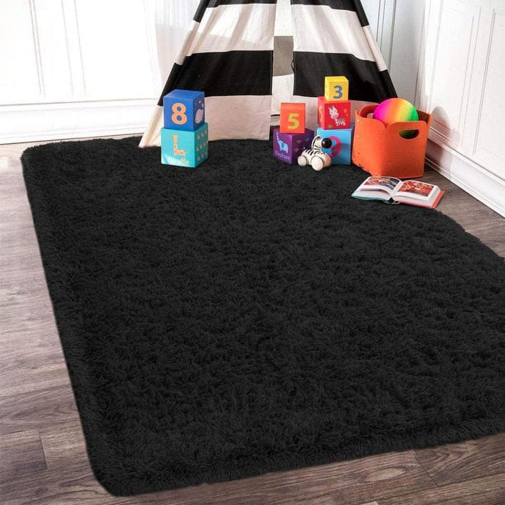 LOCHAS Luxury Fluffy Rug Ultra Soft Shag Carpet for Bedroom Living Room Big Area Rugs 5'X8',Black