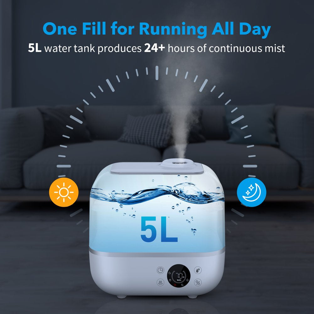 Sejoy Humidifier for Room, Cool Warm Mist Ultrasonic Air Humidifiers, for Bedroom Office Plants, 1.32 Gallon/5L Aromatherapy Diffusers, Top Fill, White