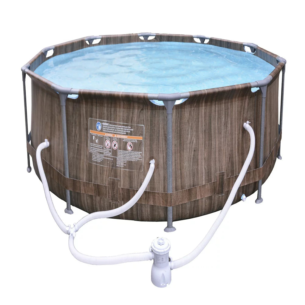 Avenli 10' X 30" Wood Pattern Premium round Fiberglass Frame above Ground Pool with Accessories