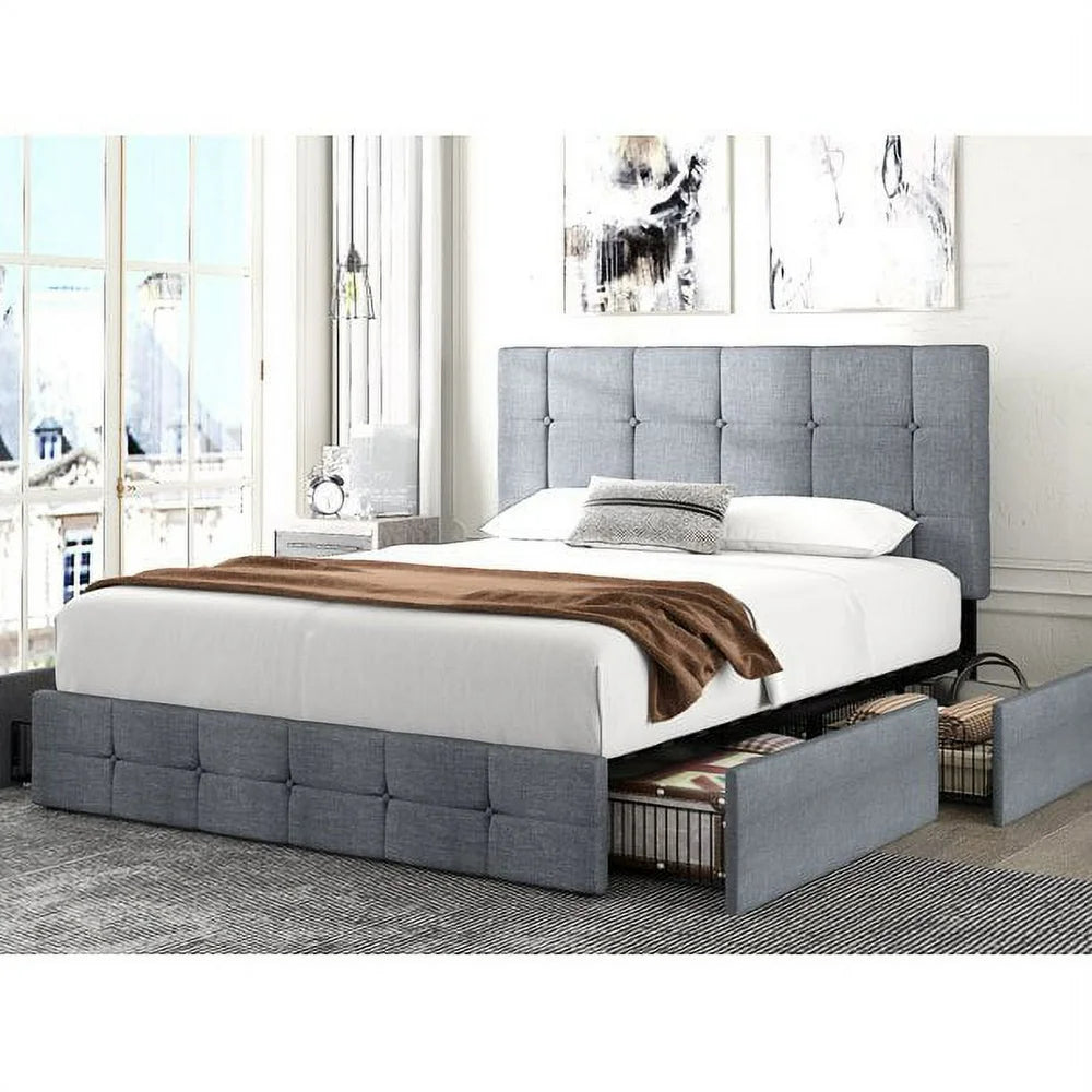 Amolife Queen Size Platform Bed Frame with Headboard and 4 Storage Drawers, Button Tufted Style, Light Grey, Mattress Not Included