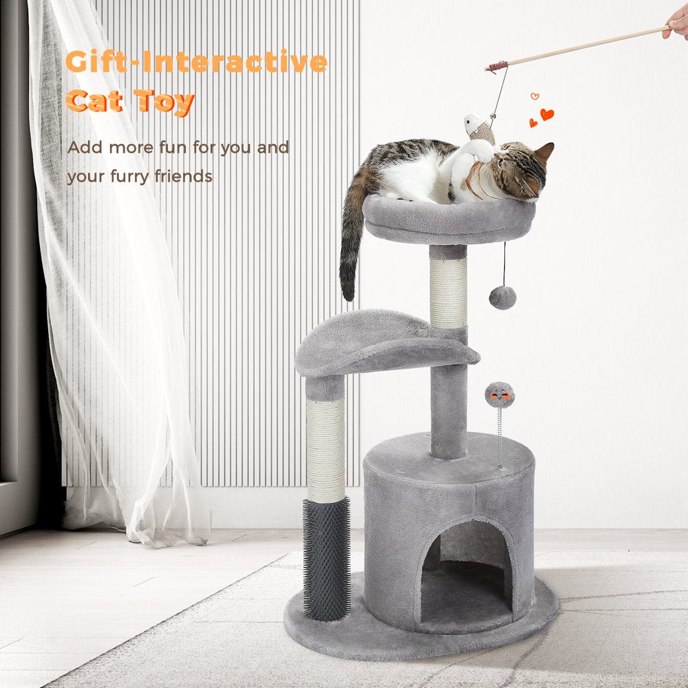 PAWZ Road 32.7" Cat Tree Small Cat Tower Kitten Scratching Posts Condo with Sefl-Grooming Toy, Gray