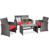 Costway 4PCS Patio Rattan Conversation Glass Table Top Cushioned Sofa Red