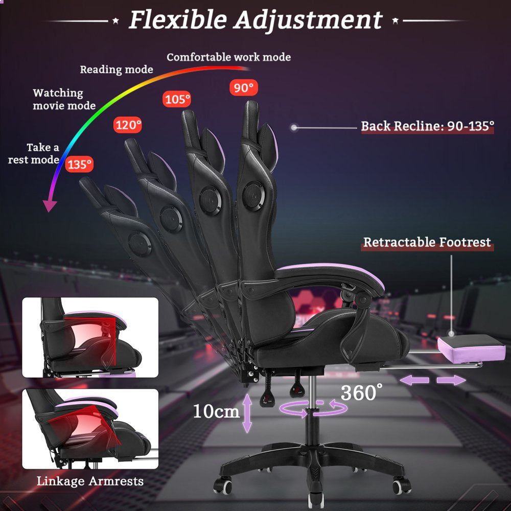 Hoffree Gaming Chair with Bluetooth Speakers Office Chair with Footrest and LED Lights Ergonomic Gaming Chairs High Back with Lumbar Support and Headrest Adjustable Swivel for Home Office,300Lb