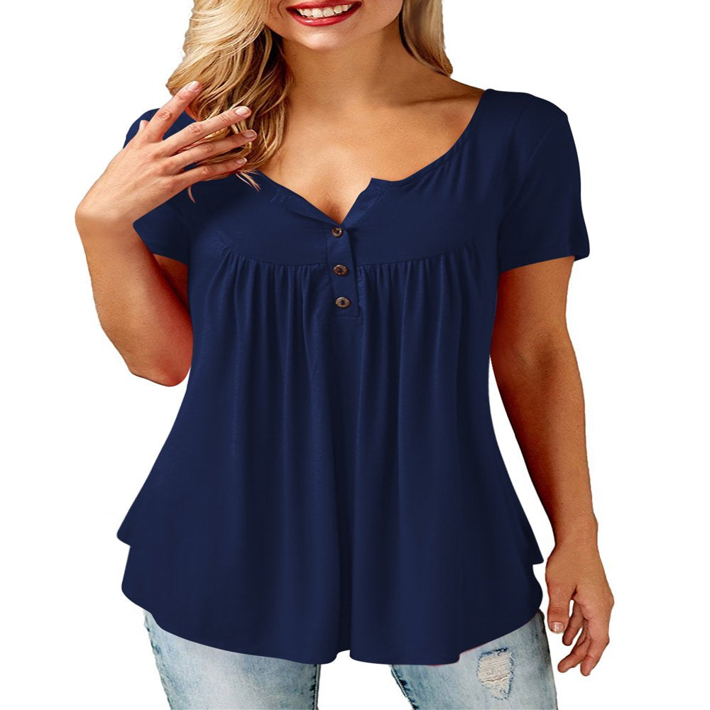 Amoretu Women'S round Neck Henley Shirts Short Sleeve Tops Casual Tunic (Navy, S)