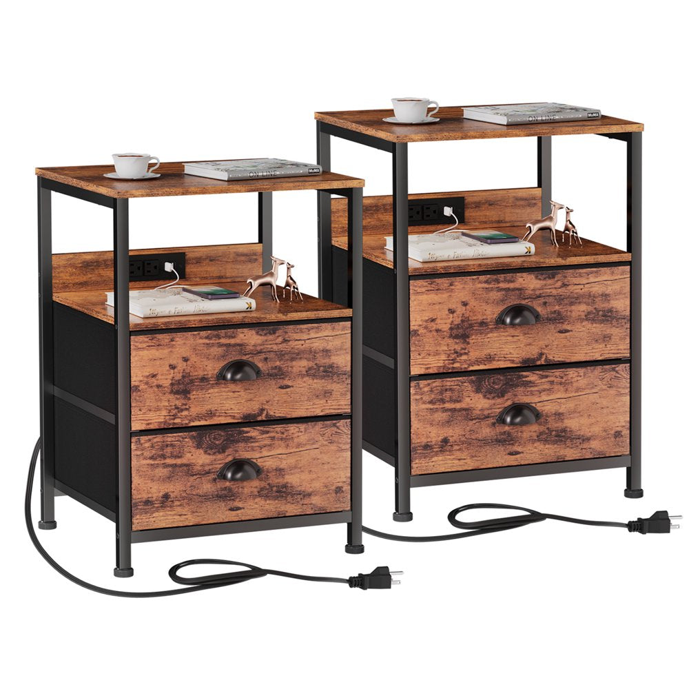 Furologee Set of 2 Nightstands, End Table with Charging Station, Bedside Tables with 2 Fabric Drawers, Night Stands with USB Ports & Power Outlets for Bedroom/Living Room/Hallway