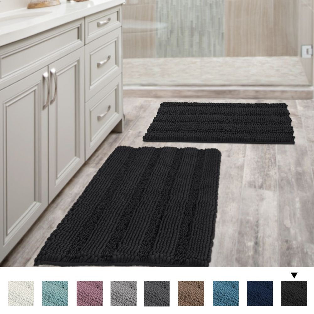 Extra Thick Striped Bath Rugs for Bathroom - (Set of 2) Anti-Slip Soft Plush Chenille Yarn Shaggy Mat Living Room Bedroom Floor Water Absorbent (Black, 20 X 32 plus 17 X 24 - Inches)