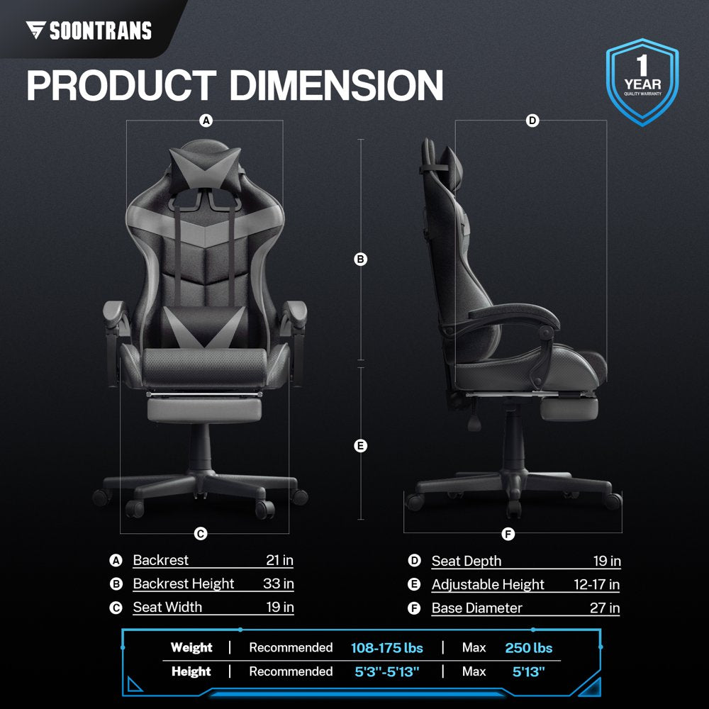 Soontrans Gaming Chair with Footrest and Ergonomic Massage Lumbar Pillow PU Leather Office Chair, Gray