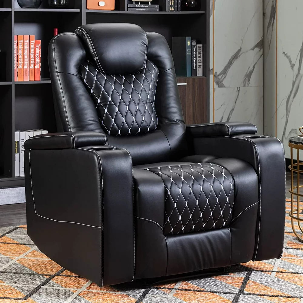 Bonzy Home Overstuffed Electric Home Theater Seating PU Leather Reclining Furniture with with USB Ports and Cup Holders and Hidden Arm Storage - Black