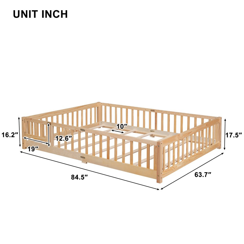 Uhomepro Queen Size Wood Floor Bed Frame with Fence and Door for Kids, Toddlers, Natural