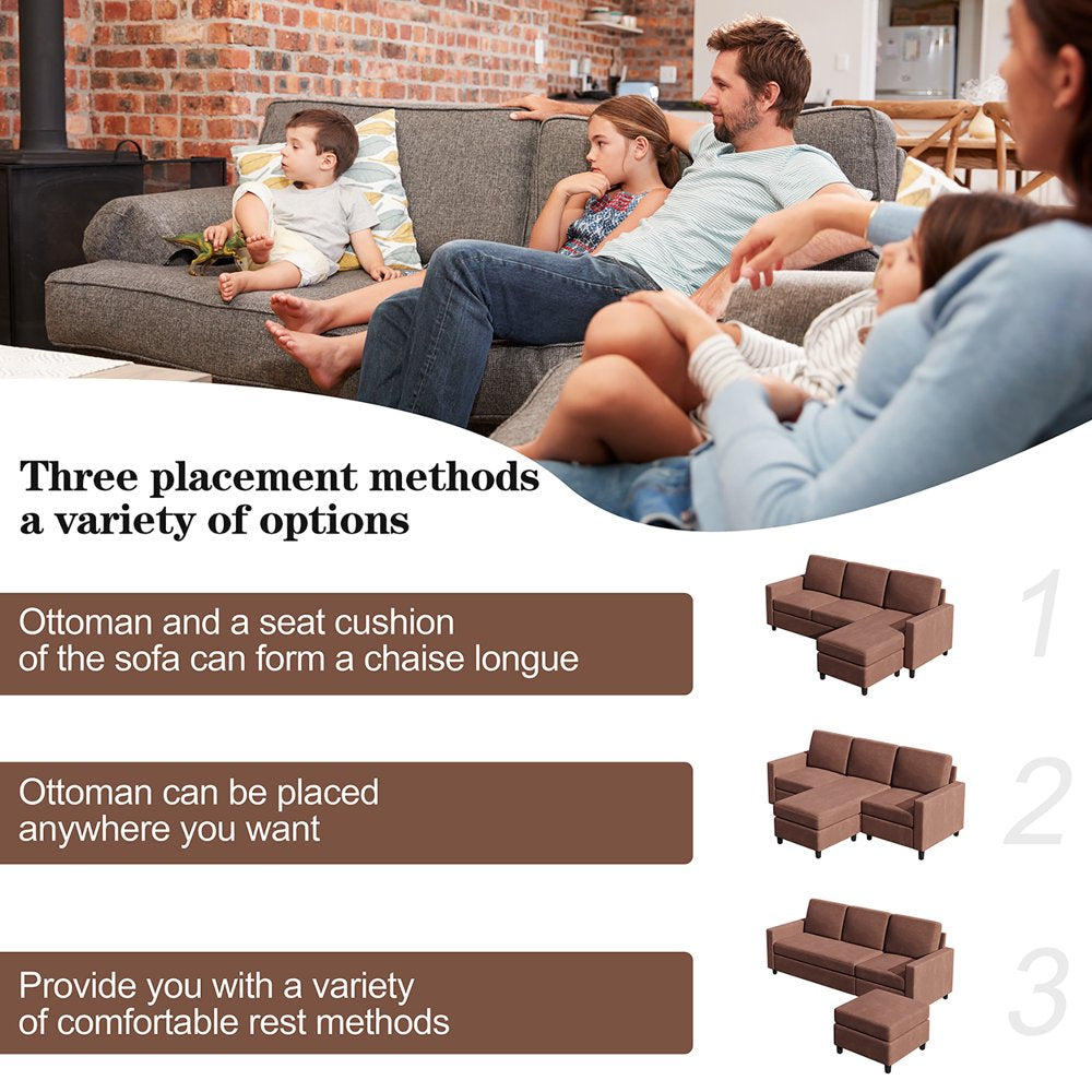 Walsunny Convertible Sectional Reversible Chaise, L-Shaped Sofa with Modern Linen Fabric(Brown)