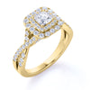 Elegant 1 Carat - Square Cut Diamond - Twisted Band - Pave - Double Halo Engagement Ring - 10K Yellow Gold