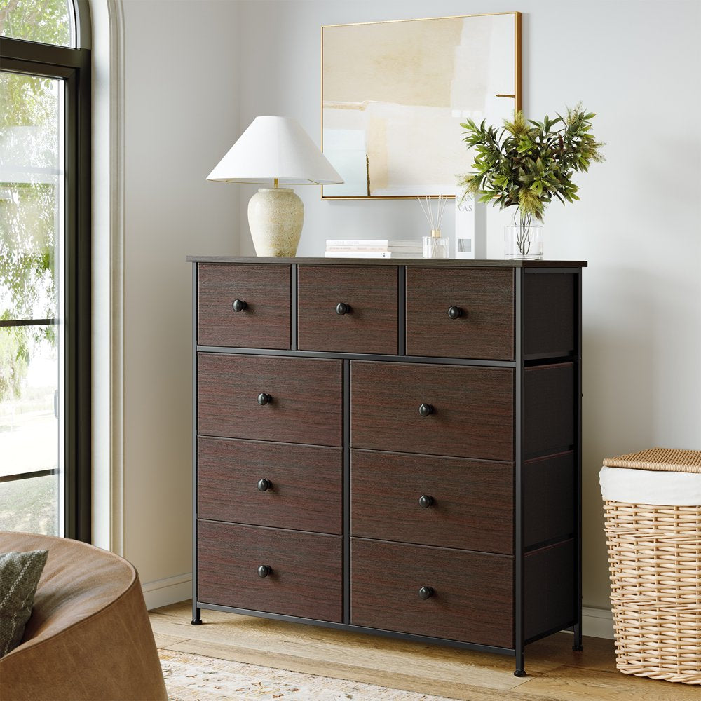 REAHOME 9 Drawers Dresser, Chest of Drawers Fabric Dressers with Leather Finish for Adult Dressers for Bedroom Brown