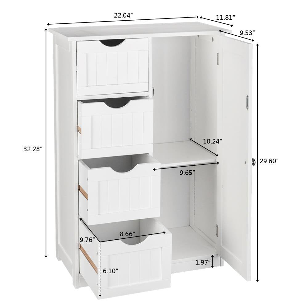 Ktaxon Wooden Bathroom Floor Cabinet,Side Storage Organizer Cabinet with 4 Drawers,1 Cupboard & 2-Shelves,Mdf,White