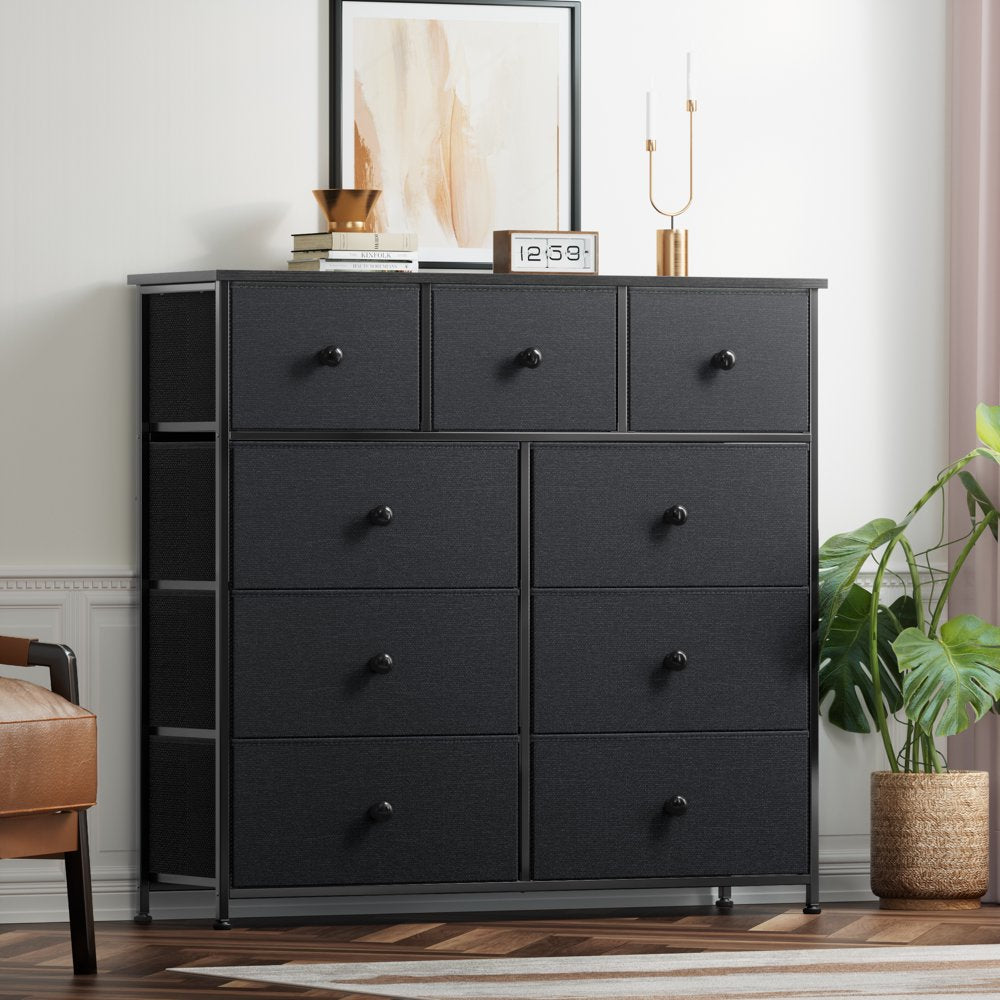 REAHOME Dressers for Bedroom of 9 Drawer Chest of Drawers Closets Black Dresser Large Capacity Organizer Tower Steel Frame Wooden Top YLZ9B6