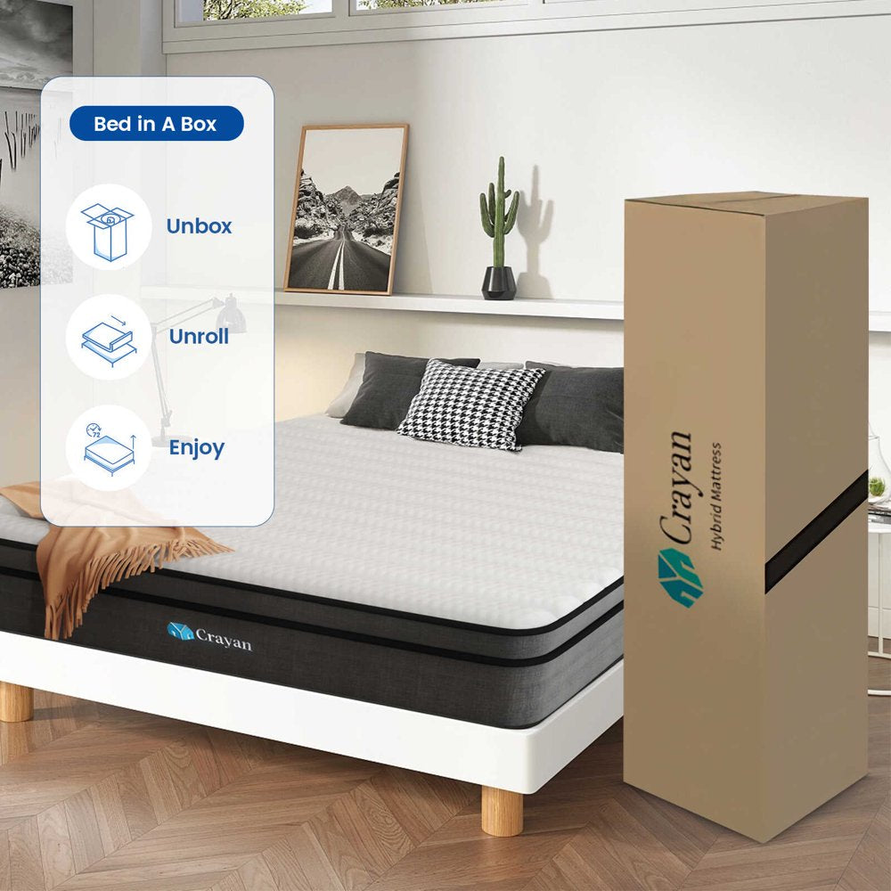 Crayan Full Mattress, 10 Inch Hybrid Mattress in a Box, Individually Wrapped Pocket Coils Innerspring Mattress with Motion Isolation and Pressure Relief, Certipur-Us, 100 Nights Trial